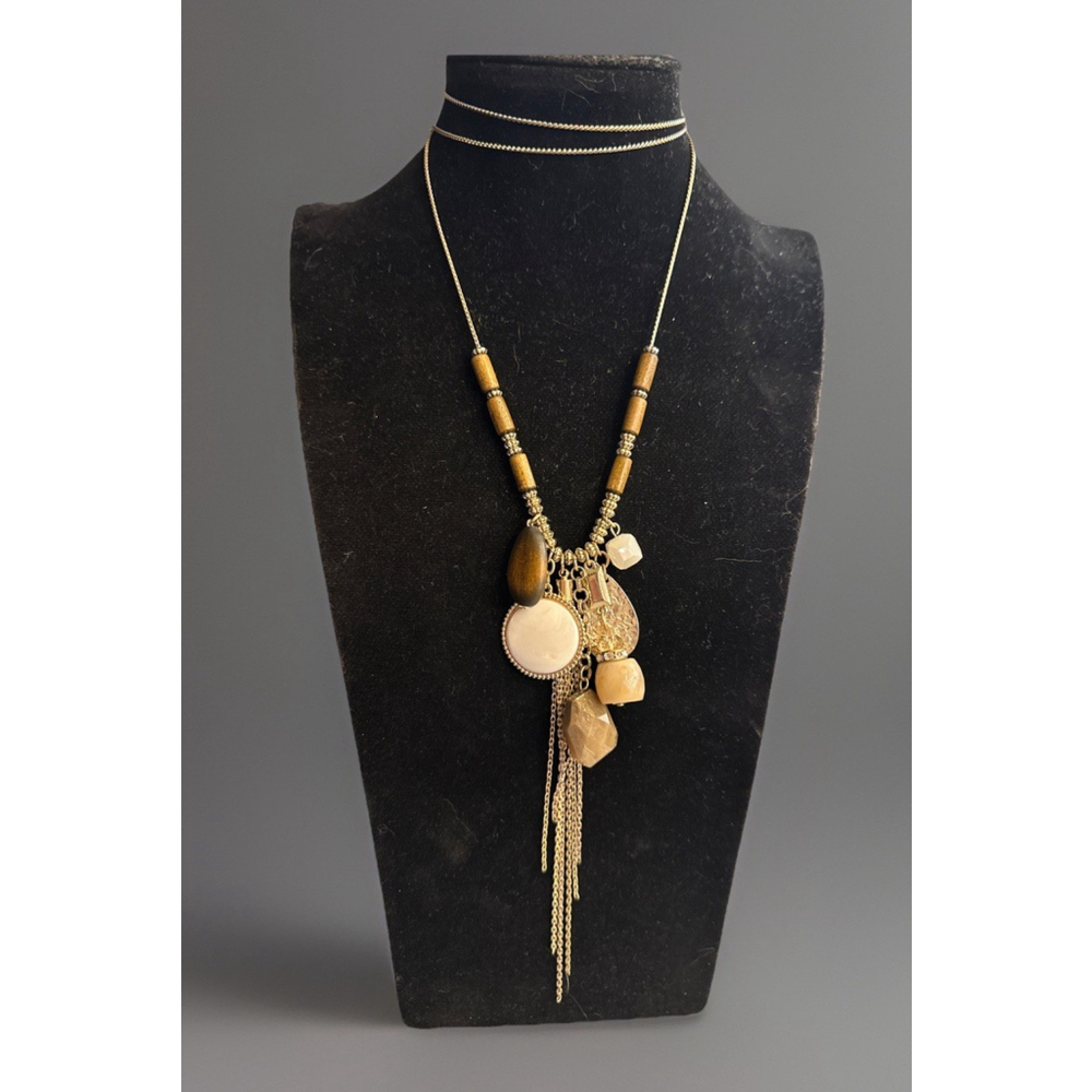 Vintage Marked Lane 36” Tassel GoldTone Bead Wood Mixed Charm Statement Necklace